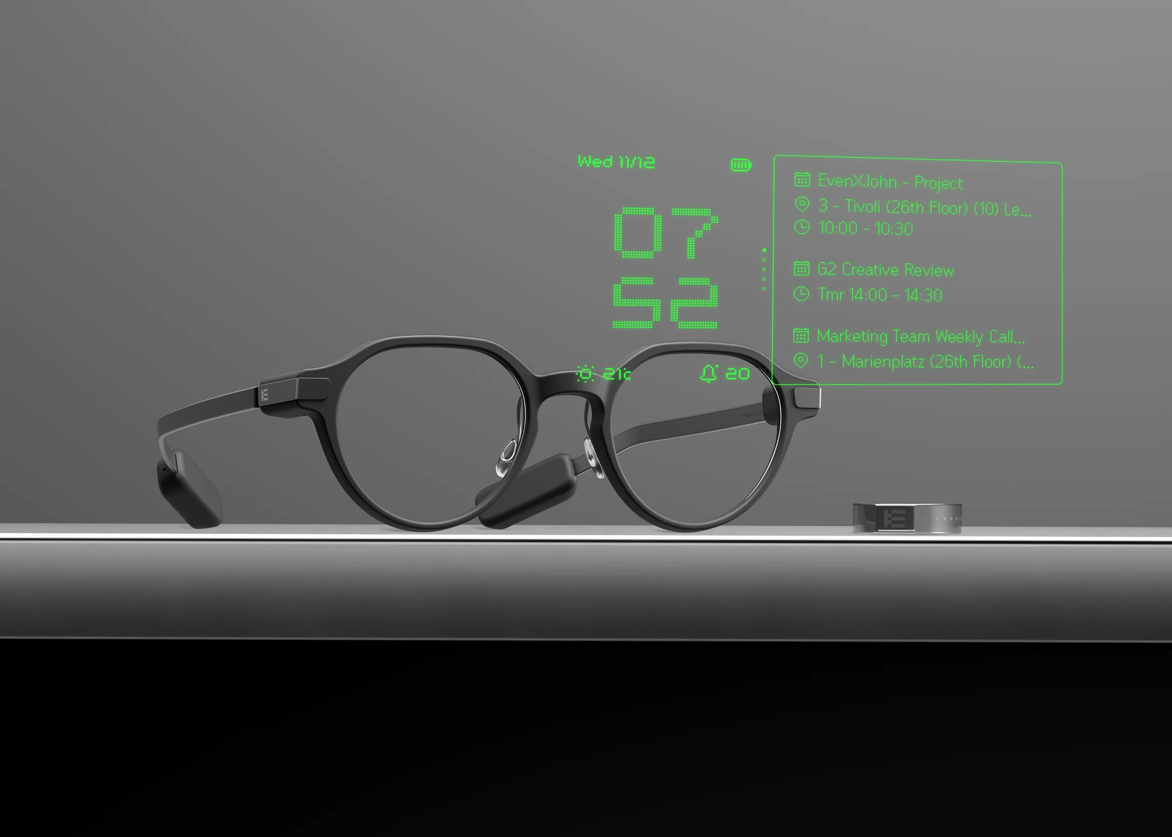 Even G2 und Even R1 mit Dashboard-Display – Originalbild von Even Realities